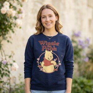Disney Winnie the Pooh Blue Pullover – XS – Chenille Lettering & Floral Graphic
